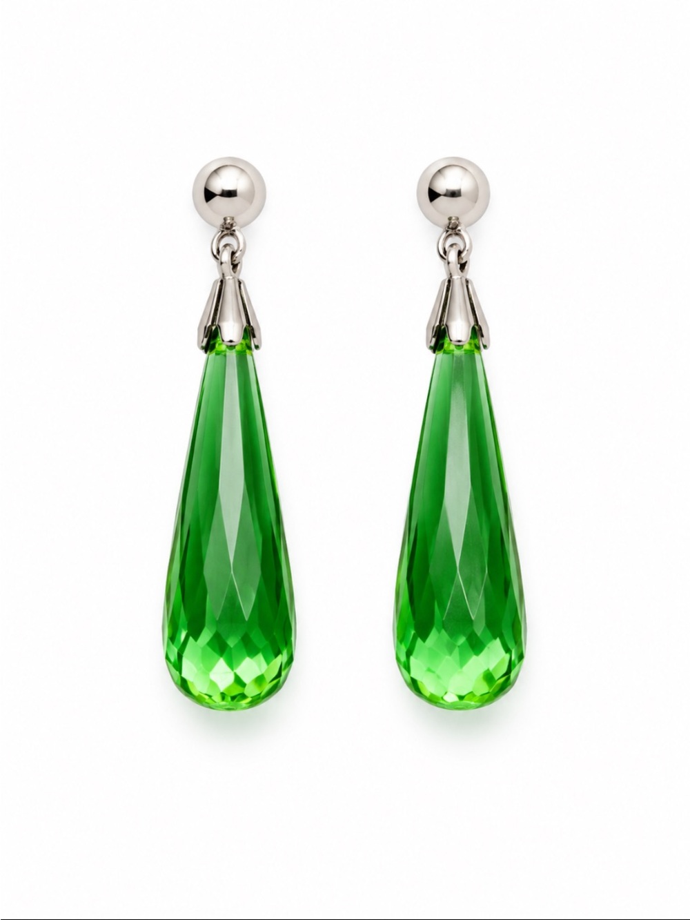 Emerald Green Faceted Teardrop Dangle Clip On Earrings Silver Tone